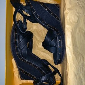 Fendi Denim Black Leather Wedges